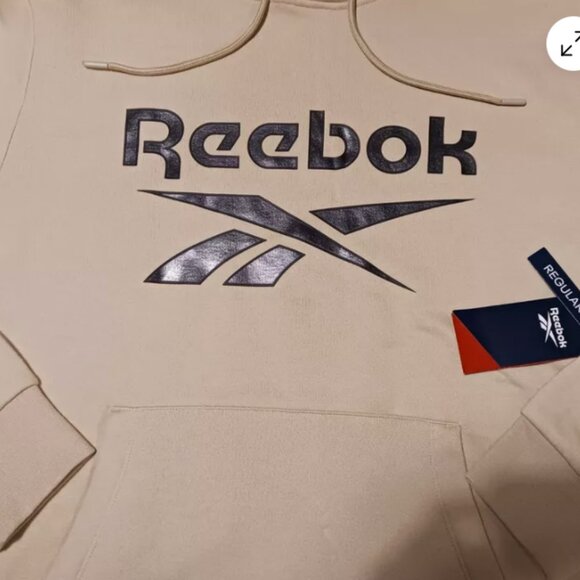 Reebok Hoodie Mens Size Large Beige Fleece Logo Long Sleeve Pullover Regular Fit - Picture 6 of 10